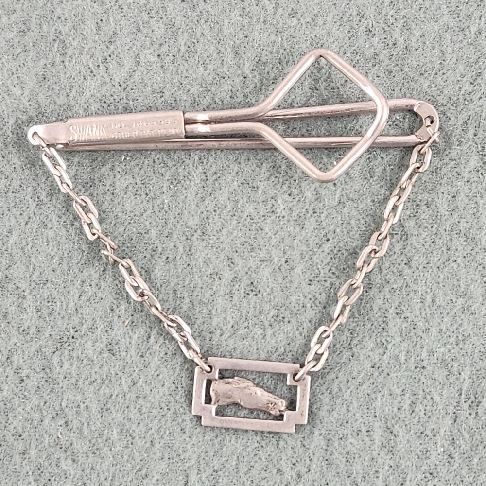 Vintage Swank Silver Tone Tie Bar Chain Slide Clip Men's Formal Accessory Horse